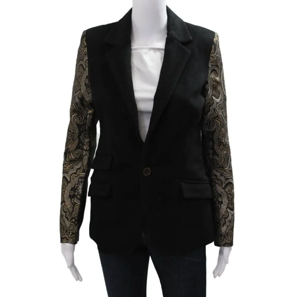 Laveer Women Black Paisley Wool Blazer Collared Button Long Sleeve Size 2